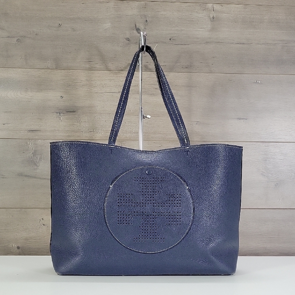 Large Tory Burch Navy Pebble Leather Perforated Circle Tote Bag - Women